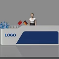 Modern White And Blue Reception Desk With Logo Flags And Female Receptionist
