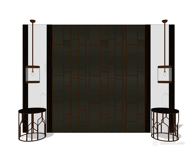 Dark Geometric Patterned Backdrop With Hanging Lanterns And Small Round Tables 3d model