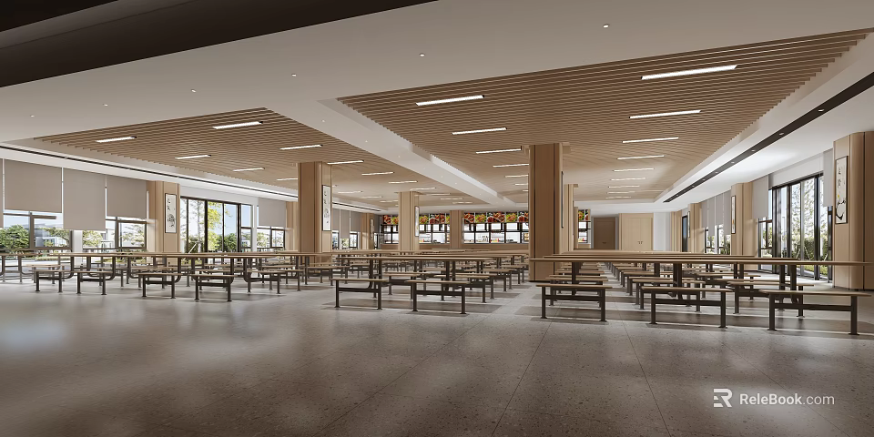 Spacious Dining Hall Interior With Wooden Ceiling Neat Tables And Bright Lighting 3d model