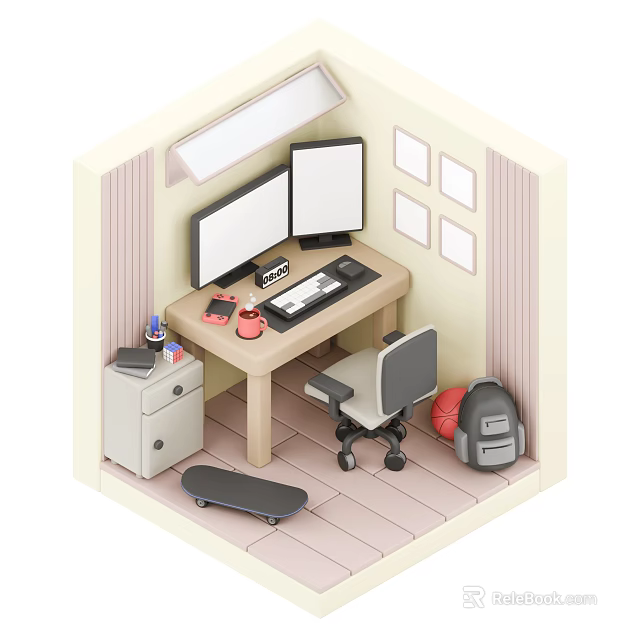 Modern Study Room Interior With Dual Monitors Desk Chair Filing Cabinet Skateboard Backpack Wall Frames 3d model 