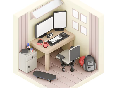 Modern Study Room Interior With Dual Monitors Desk Chair Filing Cabinet Skateboard Backpack Wall Frames 3d model