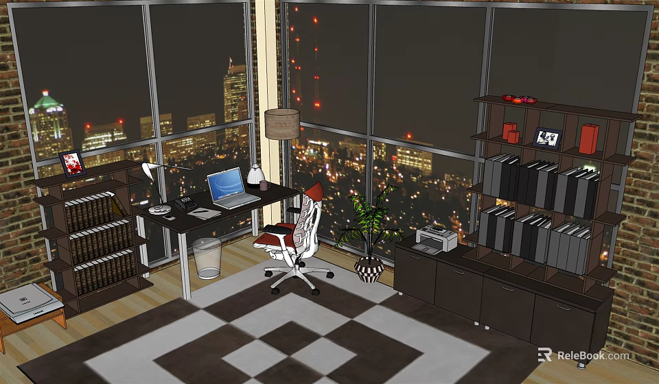 Modern Office Desk Interior With Laptop City Night View Office Chair Bookshelf And Potted Plant 3d model 