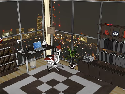 Modern Office Desk Interior With Laptop City Night View Office Chair Bookshelf And Potted Plant 3d model