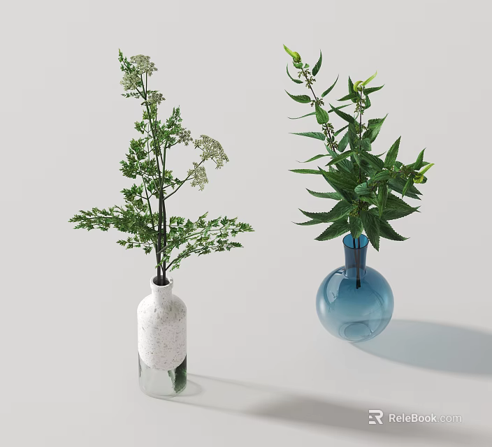 White Textured Vase With White Small Flowers And Blue Spherical Vase With Green Leafy Plants 3d model 