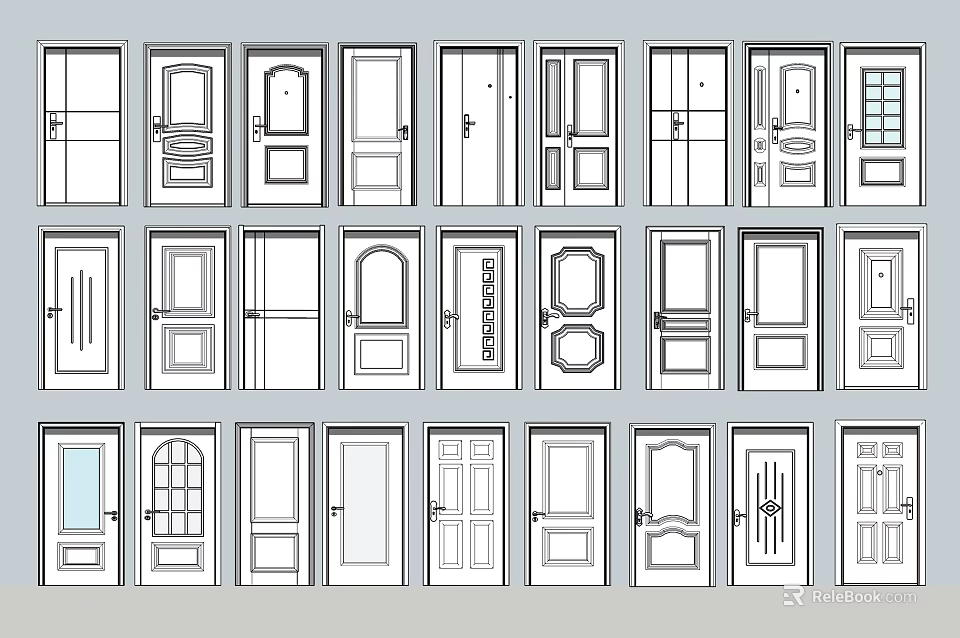 Assorted Swing Door Designs With Diverse Panel Styles And Glass Features 3d model