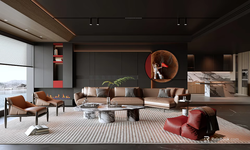 Modern Open Living And Dining Room With Leather Sofa Marble Coffee Table And Fireplace 3d model 