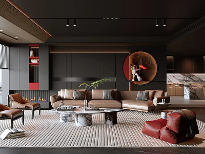 Modern Open Living And Dining Room With Leather Sofa Marble Coffee Table And Fireplace 3d model