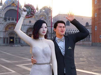 Couple In Wedding Gown And Suit Waving At Venetian Plaza 3d model Couple In Wedding Gown And Suit Waving At Venetian Plaza 3d model