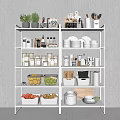 Organized Kitchenware Storage Shelf With Dishes Bowls Cans And Fresh Produce