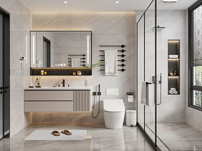 Modern Minimalist Bathroom Interior With Marble Walls Glass Shower And Vanity 3d model