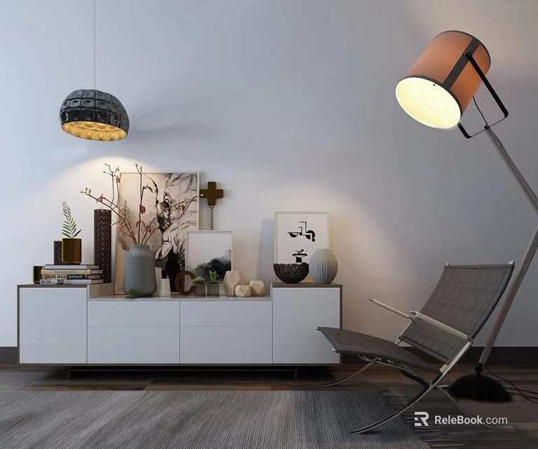 Modern Entryway Cabinet And Side Cabinet With Decorative Vases Floor Lamp And Armchair 3d model 
