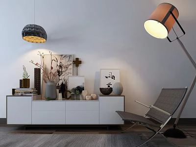 Modern Entryway Cabinet And Side Cabinet With Decorative Vases Floor Lamp And Armchair 3d model