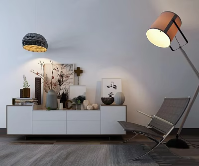 Modern Entryway Cabinet And Side Cabinet With Decorative Vases Floor Lamp And Armchair 3d model