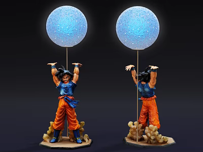 Anime Character Table Lamp with Blue Top Orange Pants Holding Glowing Sphere Shade Rock Base 3d model