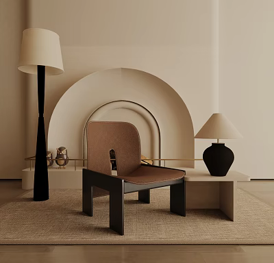 Brown Upholstered Leisure Chair in Beige Room with Arched Wall and White Side Table 3d model