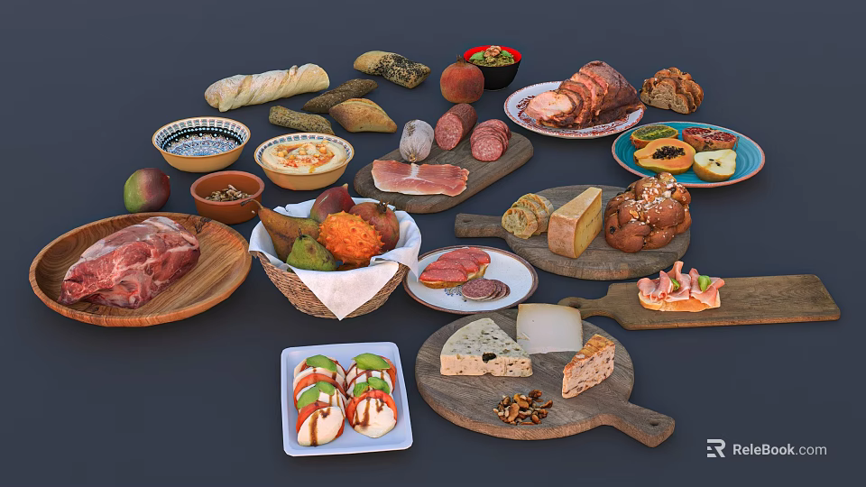 Assorted Delicious Food Platter With Meats Cheeses Fruits Bread And Nuts On Wooden Boards 3d model 
