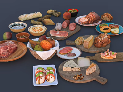 Assorted Delicious Food Platter With Meats Cheeses Fruits Bread And Nuts On Wooden Boards 3d model