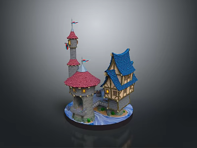 Detailed Decorative Castle Model With Red Blue Roofs Towers Flags And River Base 3d model