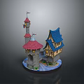 Detailed Decorative Castle Model With Red Blue Roofs Towers Flags And River Base