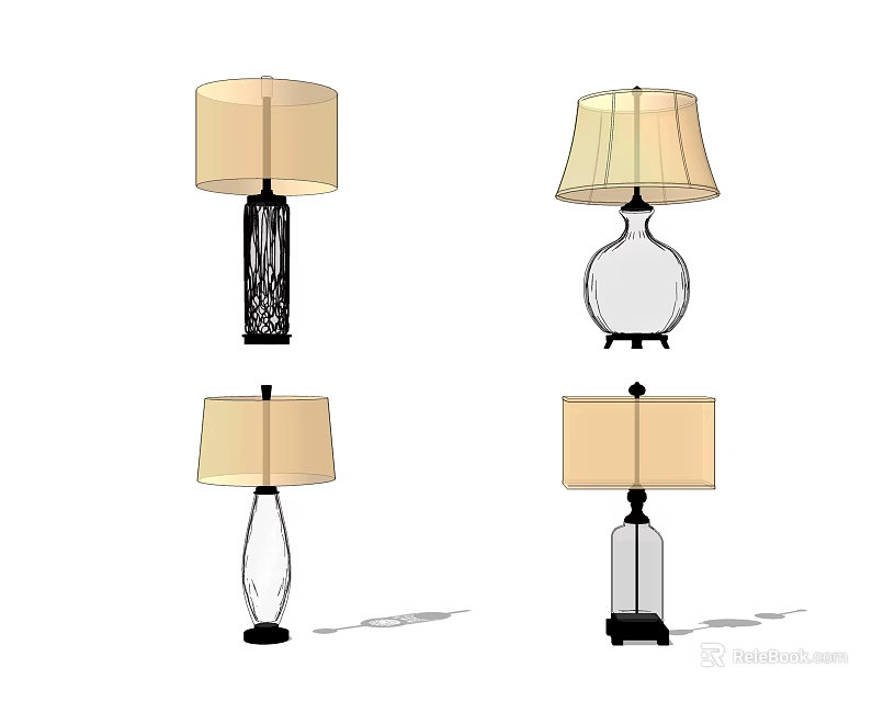 Stylish Table Lamps With Different Designs Glass And Metal Bases Beige Lampshades 3d model