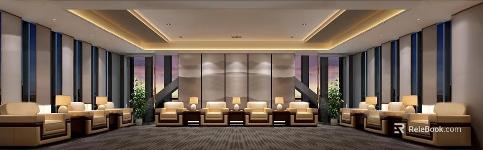 Modern Conference Room With Comfortable Sofas Side Tables And Decorative Wall Paneling 3d model 