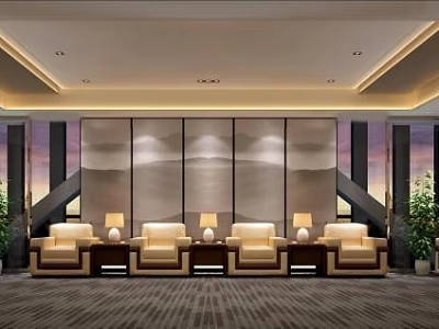 Modern Conference Room With Comfortable Sofas Side Tables And Decorative Wall Paneling 3d model