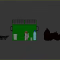 Green Storage Shed Structure With Gray Roof And Animal Figures Alongside Bottles Cups And Plate