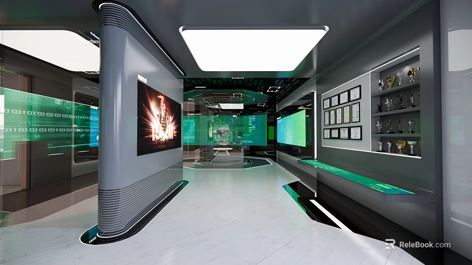 Modern Exhibition Hall Design With Display Cabinets Large Screens And Lighting 3d model 