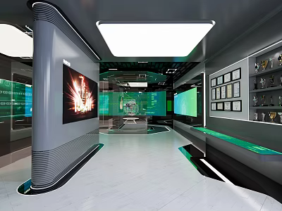 Modern Exhibition Hall Design With Display Cabinets Large Screens And Lighting 3d model