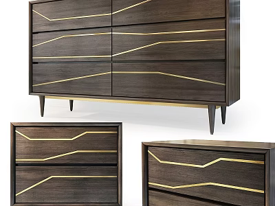 Modern Dark Wood Console Cabinet and Side Cabinet with Golden Lines and Drawers 3d model