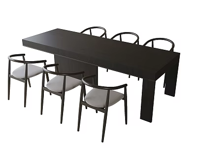 Modern Dark Wooden Dining Table Set With Armrest Chairs And Upholstered Seats 3d model