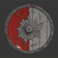 Medieval Shield with Red and White Wooden Surface Sunflower Metal Decoration and Metal Rivets
