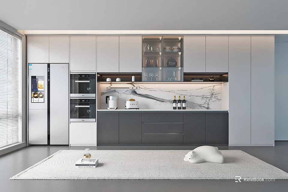 Modern Kitchen Sideboard Design With Marble Countertop Cabinets And Appliances 3d model