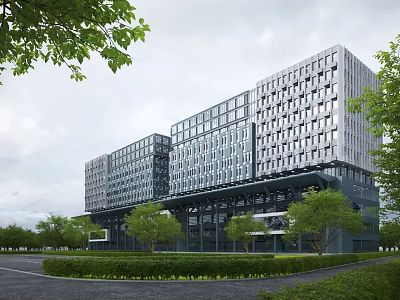 Modern Multi Story Office Building With Glass Curtain Wall And Surrounding Trees 3d model