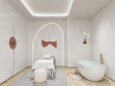Relaxing SPA Sauna Interior With White Walls Arched Decor Massage Table Bathtub Round Stool Soft Rug 3d model
