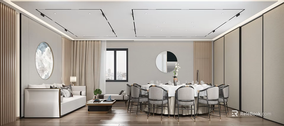 Elegant Modern Restaurant Interior With Round Dining Table Chairs Sofa And Mirror 3d model