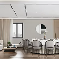 Elegant Modern Restaurant Interior With Round Dining Table Chairs Sofa And Mirror 3d model