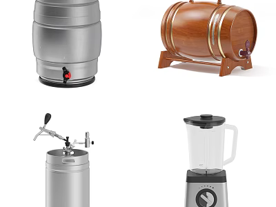 Household Living Supplies Including Silver Barrel Wooden Wine Barrel Tap Container And Blender 3d model