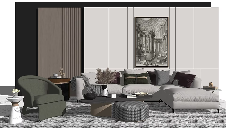 Elegant Modern Sofa And Coffee Table Set With Plush Pillows Patterned Rug And Artwork 3d model