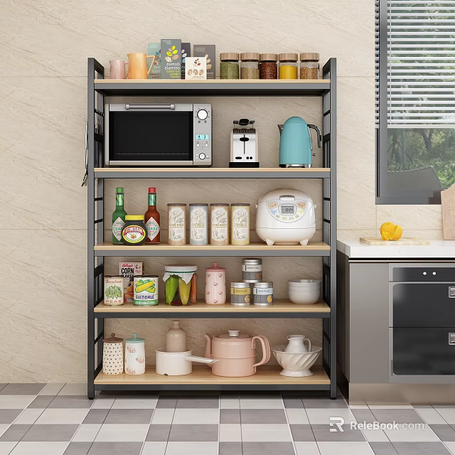 Kitchen Storage Shelving Unit With Microwave Coffee Maker Kettle Cans Bottles And Dishes 3d model 