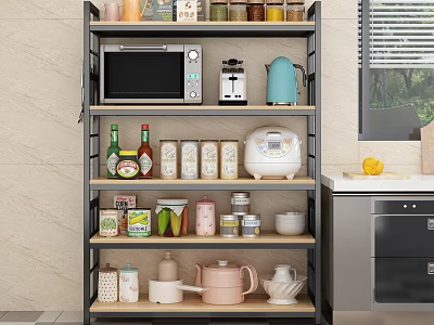 Kitchen Storage Shelving Unit With Microwave Coffee Maker Kettle Cans Bottles And Dishes 3d model