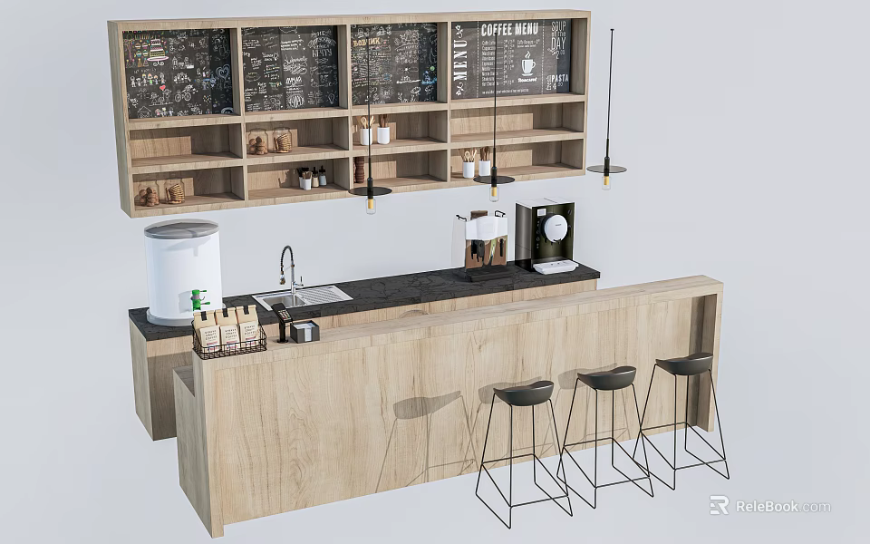 Modern Wooden Bar Counter With Black Top Hanging Shelves Coffee Machine And Stools 3d model 