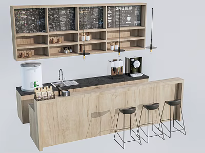 Modern Wooden Bar Counter With Black Top Hanging Shelves Coffee Machine And Stools 3d model