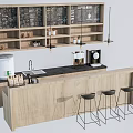 Modern Wooden Bar Counter With Black Top Hanging Shelves Coffee Machine And Stools