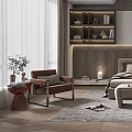 Modern Bedroom Interior Design With Platform Bed Nightstand Accent Chair Soft Rug And Bookshelf