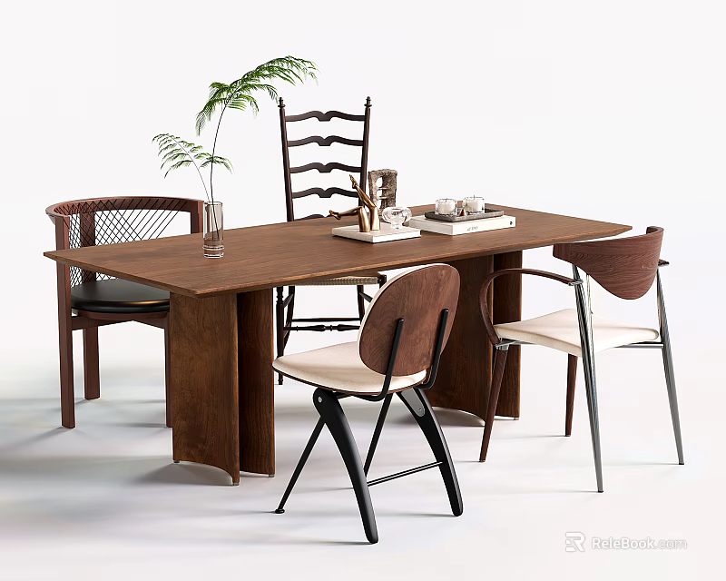 Wooden Dining Table With Different Design Chairs Green Plant And Modern Decor Items 3d model 