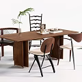 Wooden Dining Table With Different Design Chairs Green Plant And Modern Decor Items