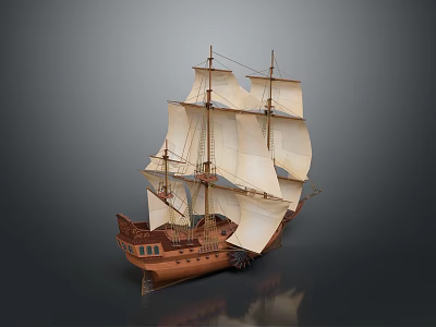 Detailed Wooden Sailboat Model With White Sails And Brown Hull On Gray Background 3d model