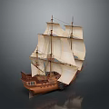 Detailed Wooden Sailboat Model With White Sails And Brown Hull On Gray Background