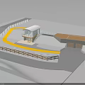 Small Building Design With Yellow Curved Pathway Wooden Railing And Steps